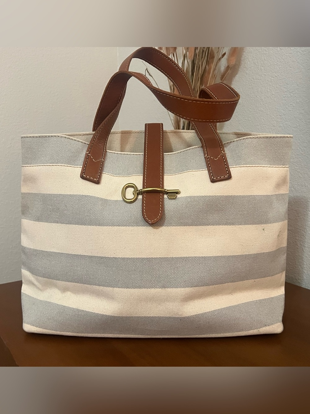 Fossil Striped Canvas Tote with Brown Leather Handles